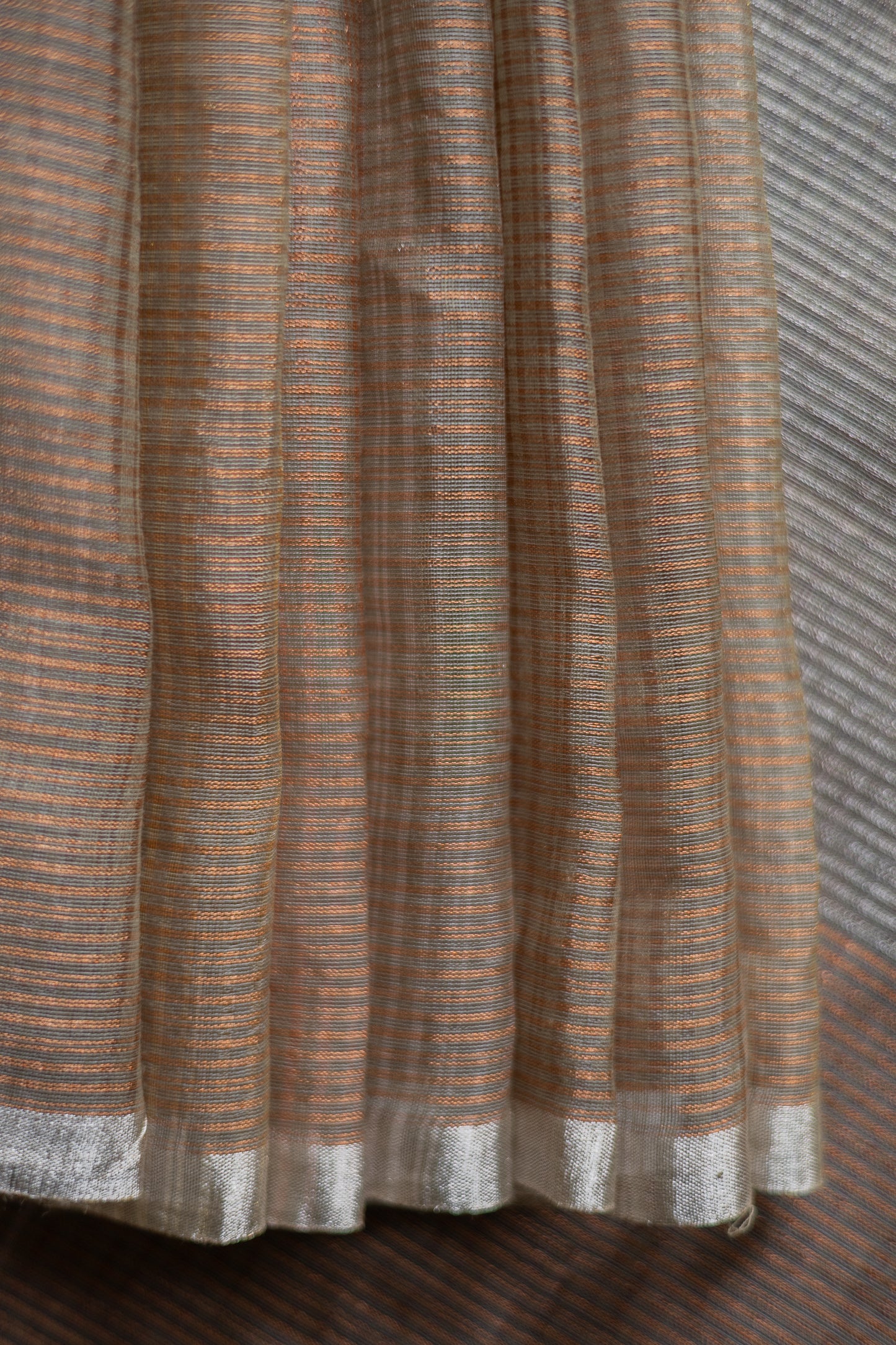 Grey and Brown Silk Cotton All Over Stripes and Checks Saree