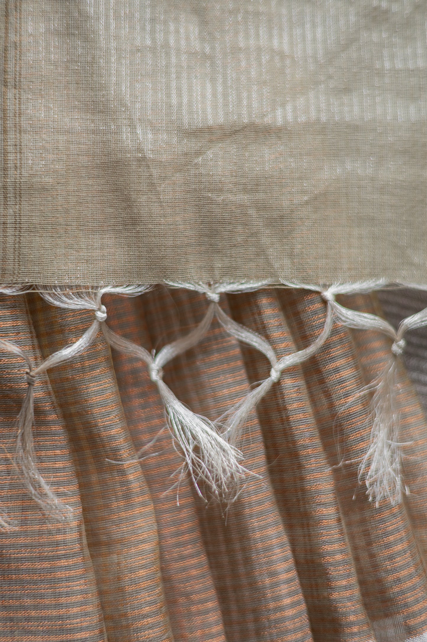 Grey and Brown Silk Cotton All Over Stripes and Checks Saree