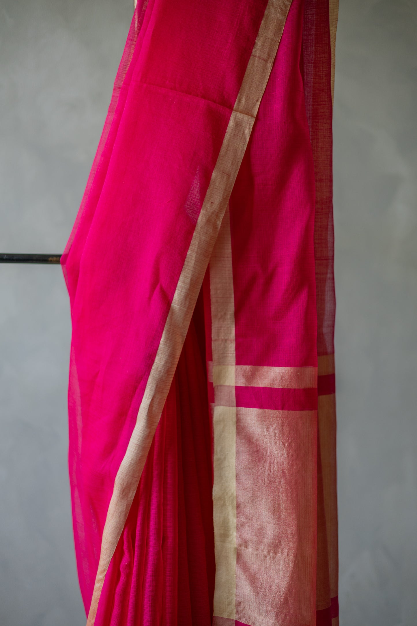 Bright Pink Silk Cotton with Kuchi Checks and Tussar Border Saree