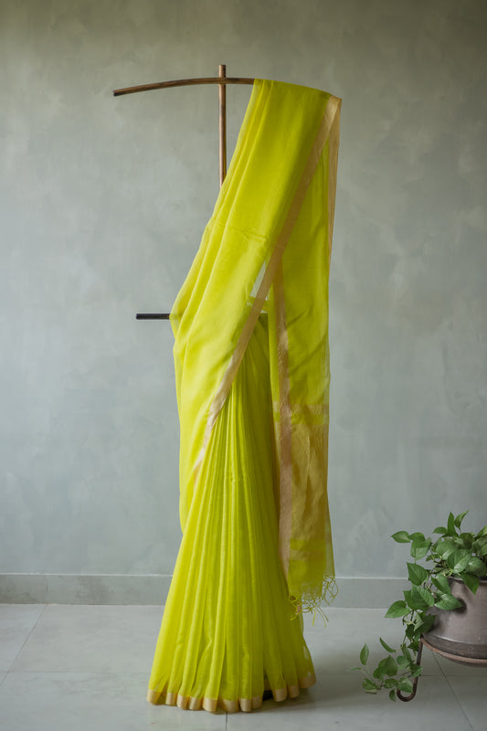 Lime Yellow Silk Cotton with Kuchi Checks and Tussar Border Saree