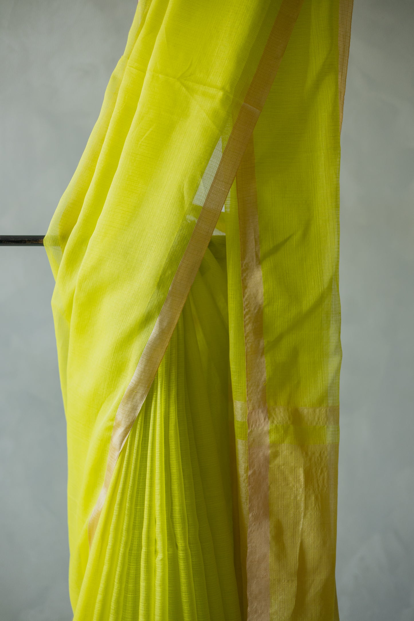 Lime Yellow Silk Cotton with Kuchi Checks and Tussar Border Saree