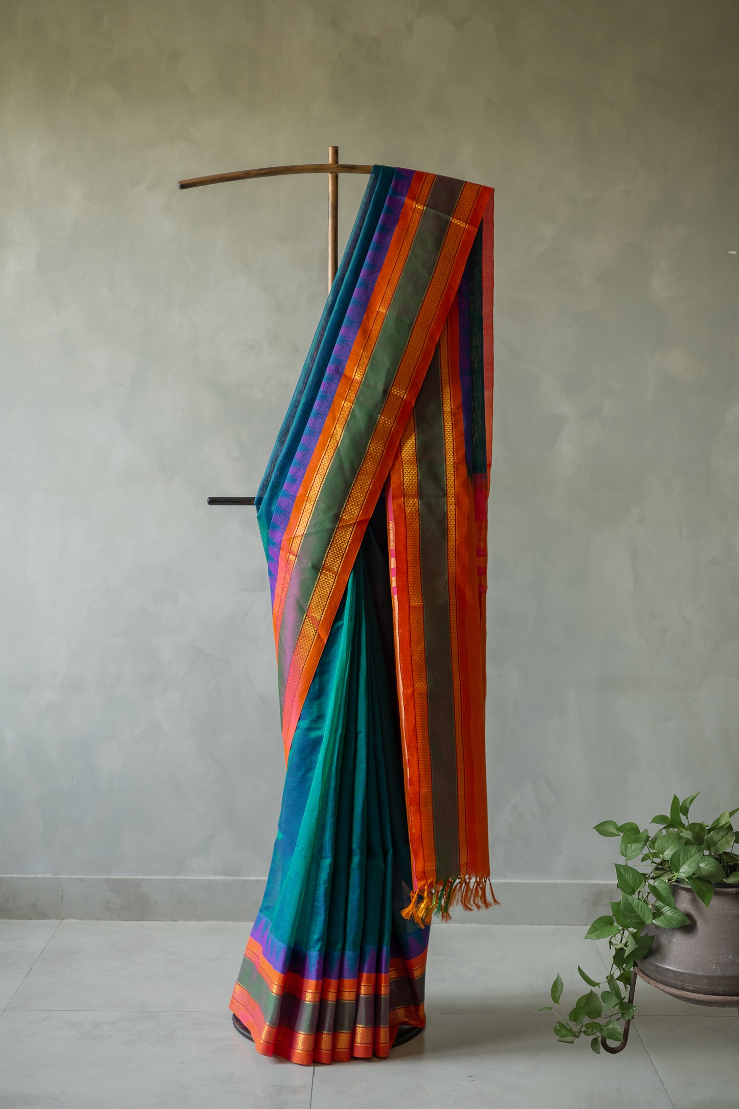 Blue Silk Cotton with Big Orange and Green Border Saree