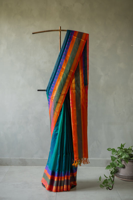 Blue Silk Cotton with Big Orange and Green Border Saree