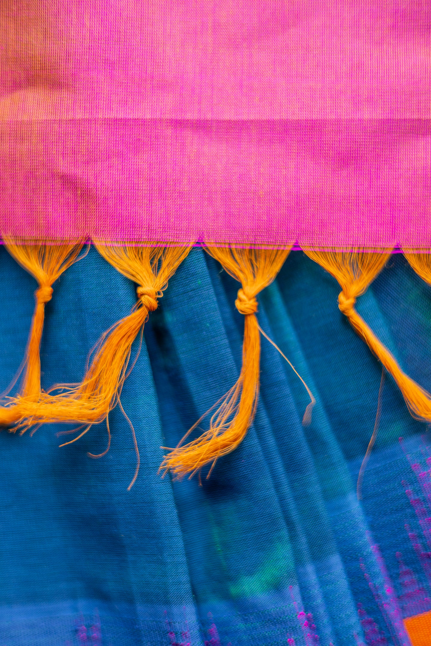 Blue Silk Cotton with Big Orange and Green Border Saree