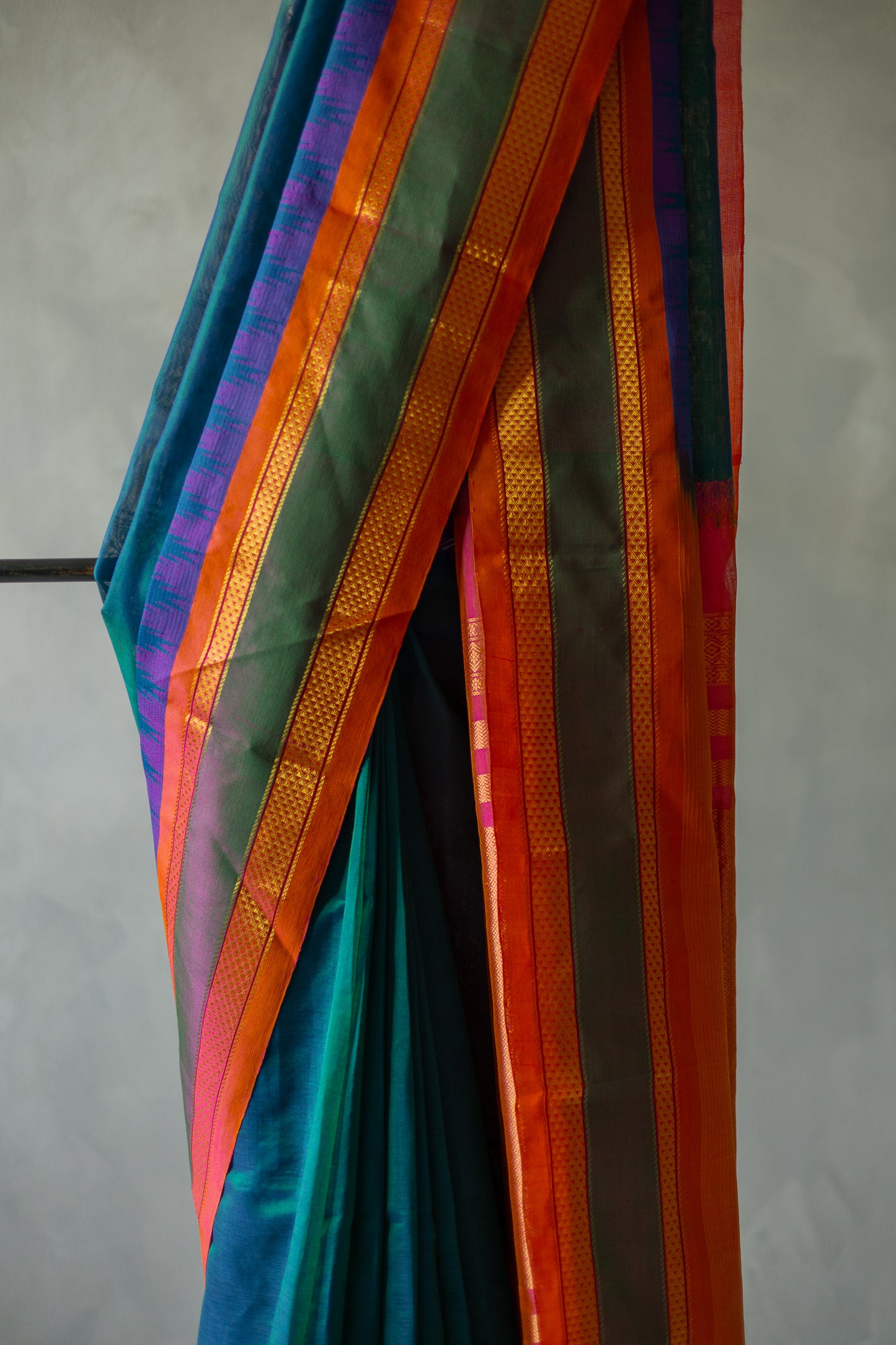 Blue Silk Cotton with Big Orange and Green Border Saree