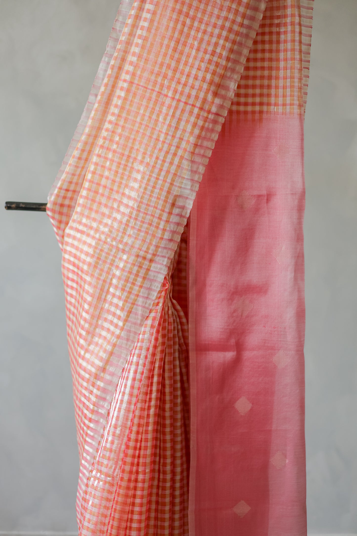 Pink and White Missing Checks Silk Cotton Saree