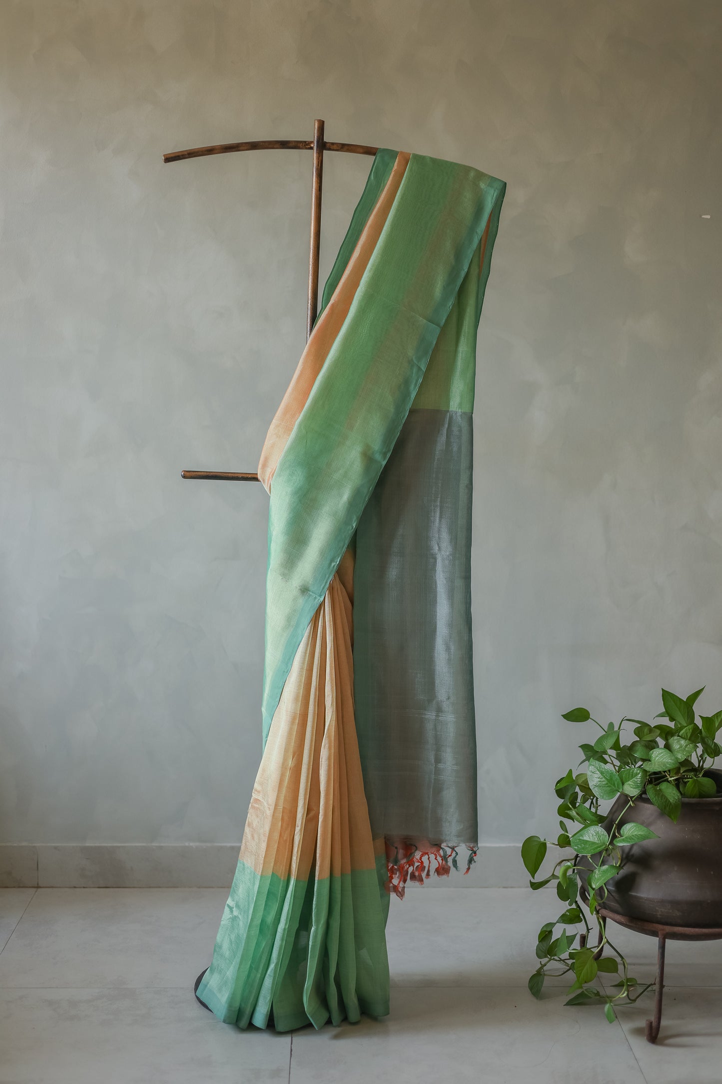 Light Peach and Green Plain Silk Cotton Saree