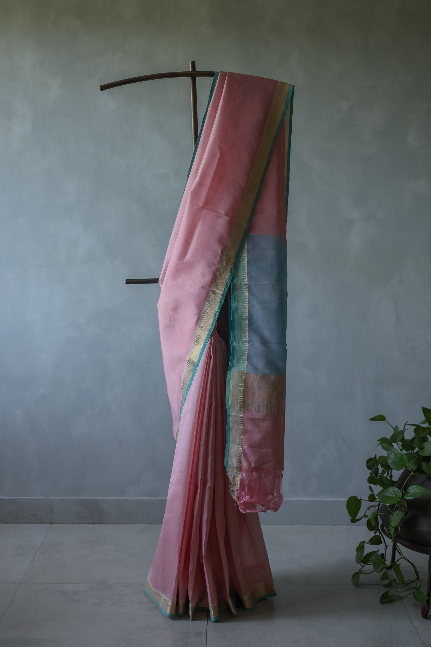 Pink and Blue Border Silk Cotton Saree
