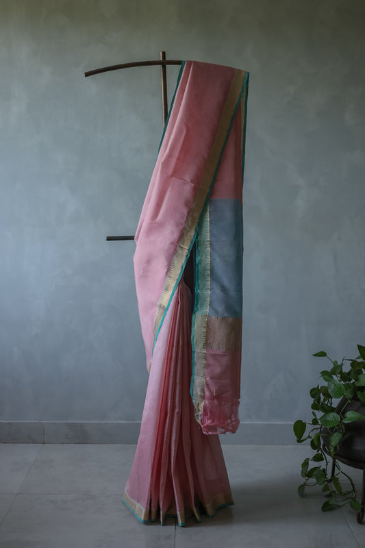 Pink and Blue Border Silk Cotton Saree