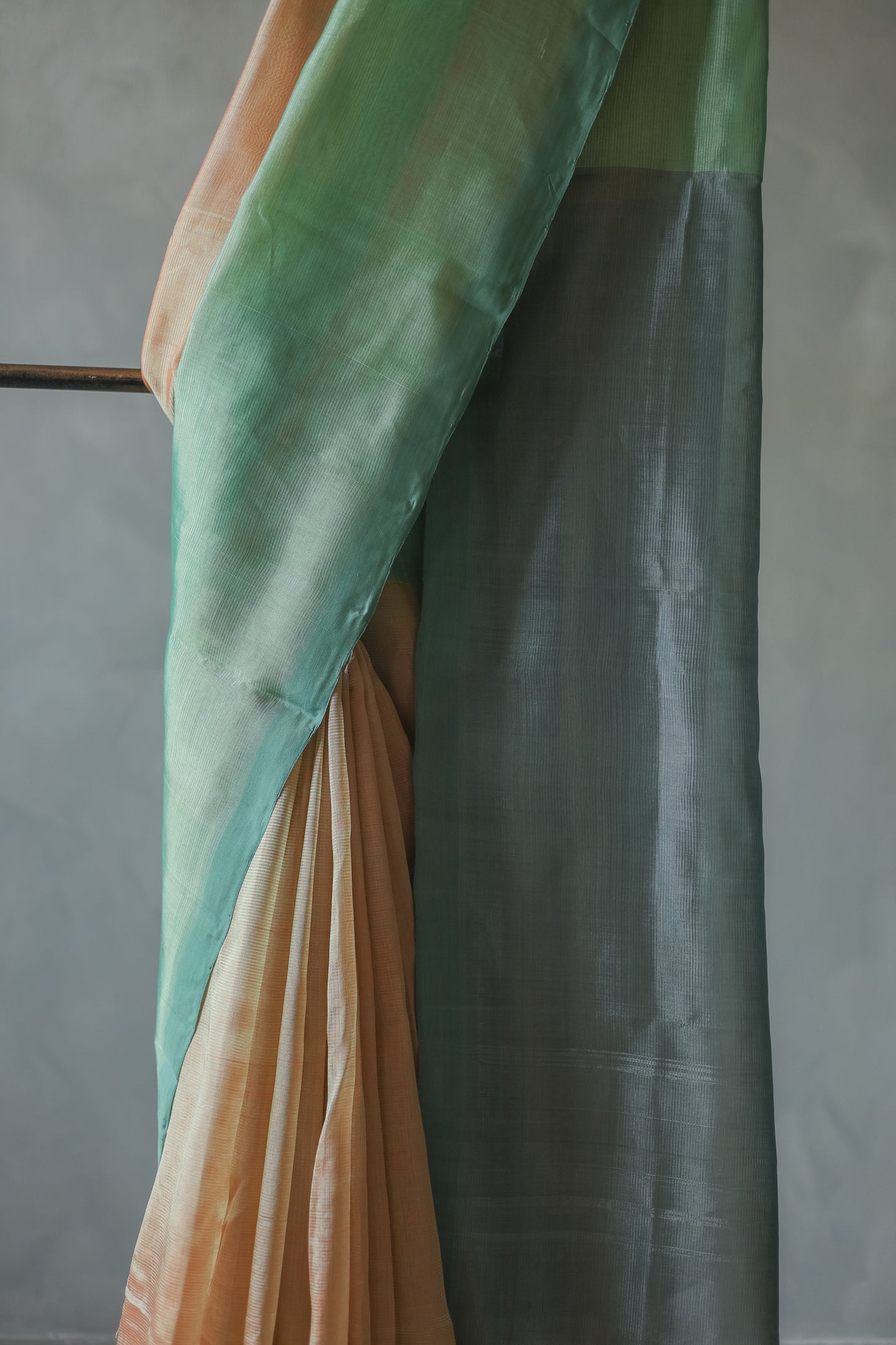 Light Peach and Green Plain Silk Cotton Saree