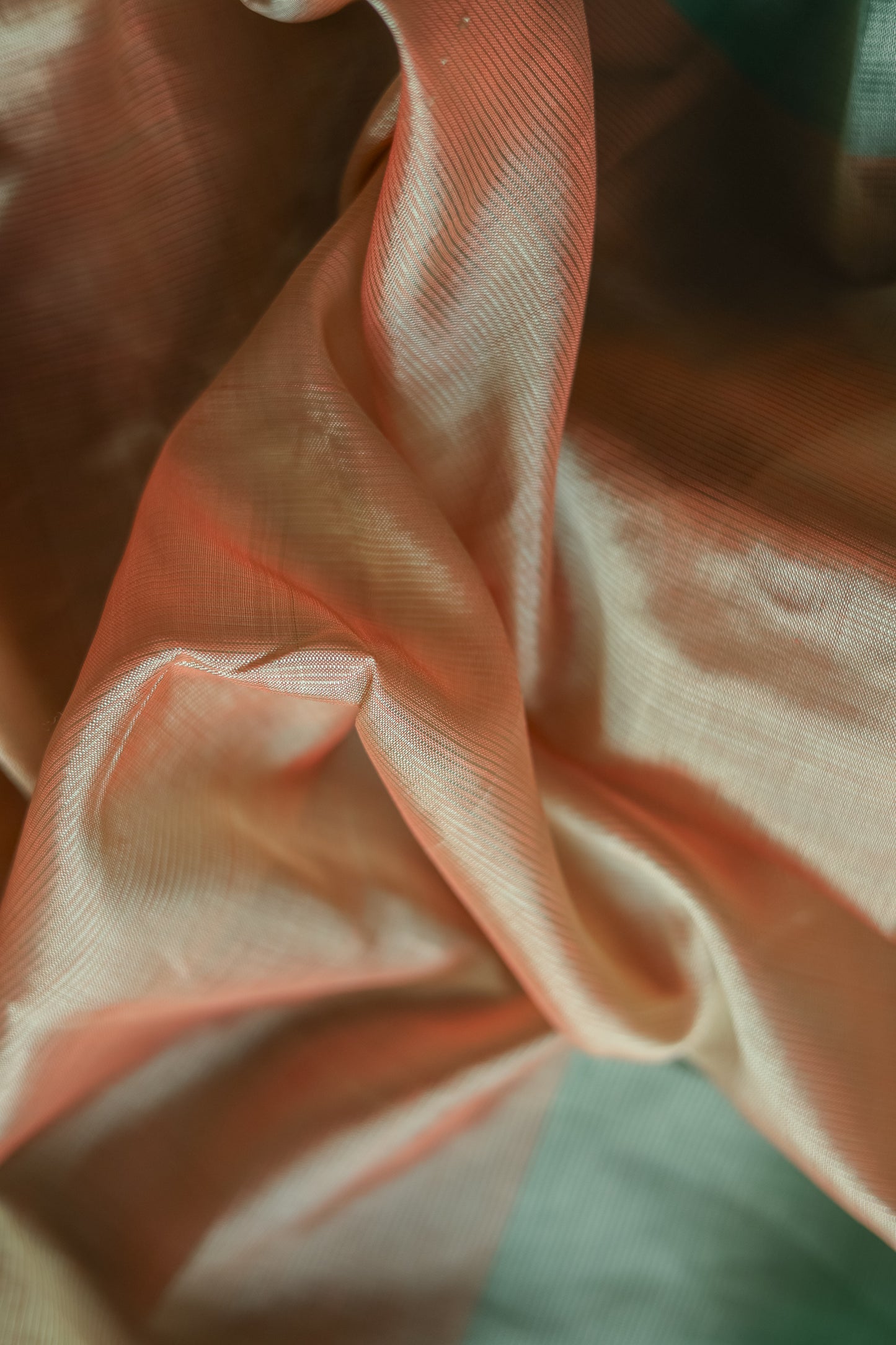 Light Peach and Green Plain Silk Cotton Saree