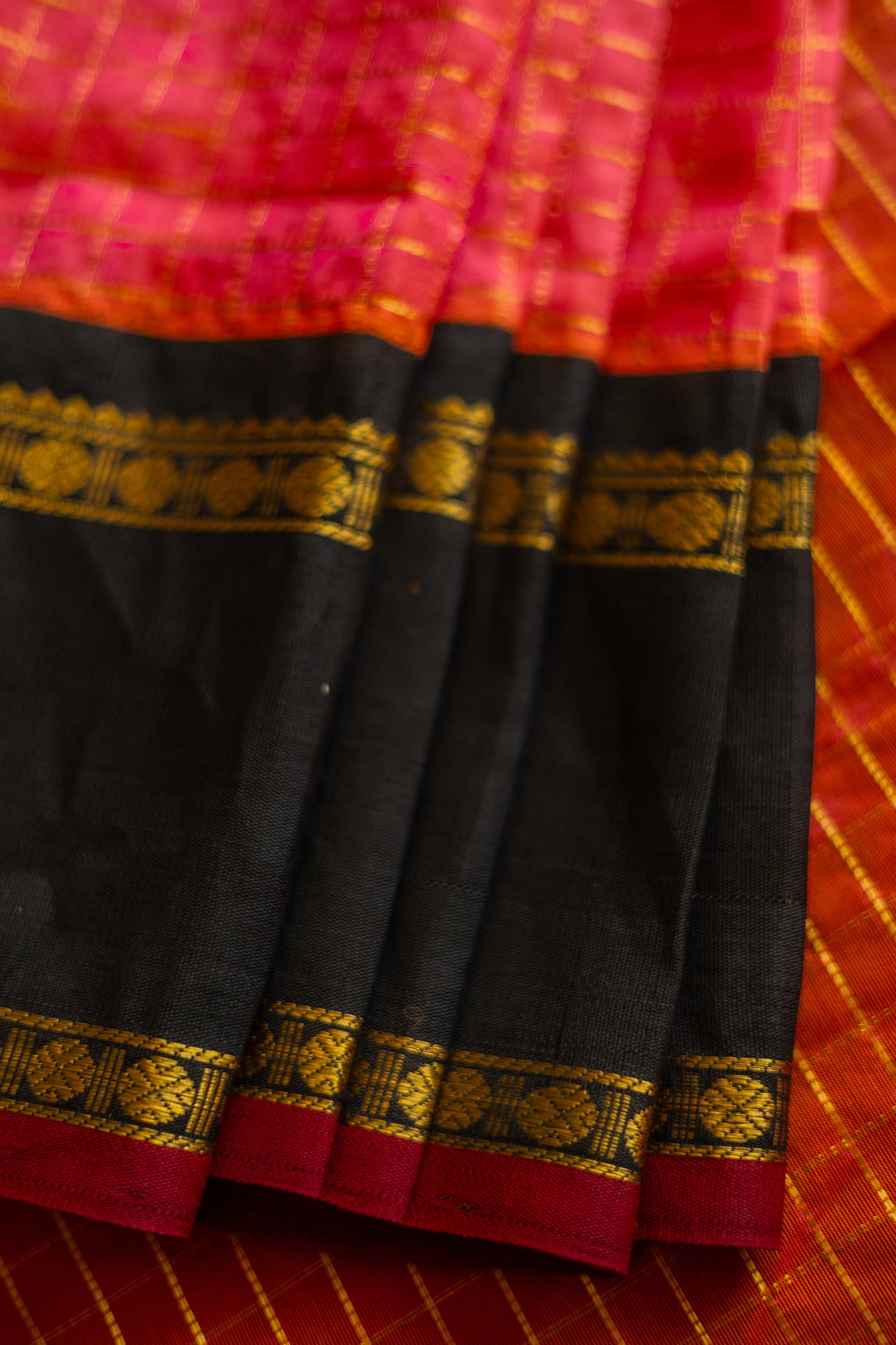 Pink Silk Cotton All Over Small Checks with Black Big Border Saree