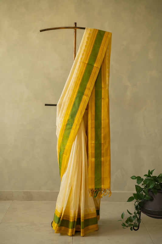 Off White Silk Cotton with Big Yellow and Green Border Saree