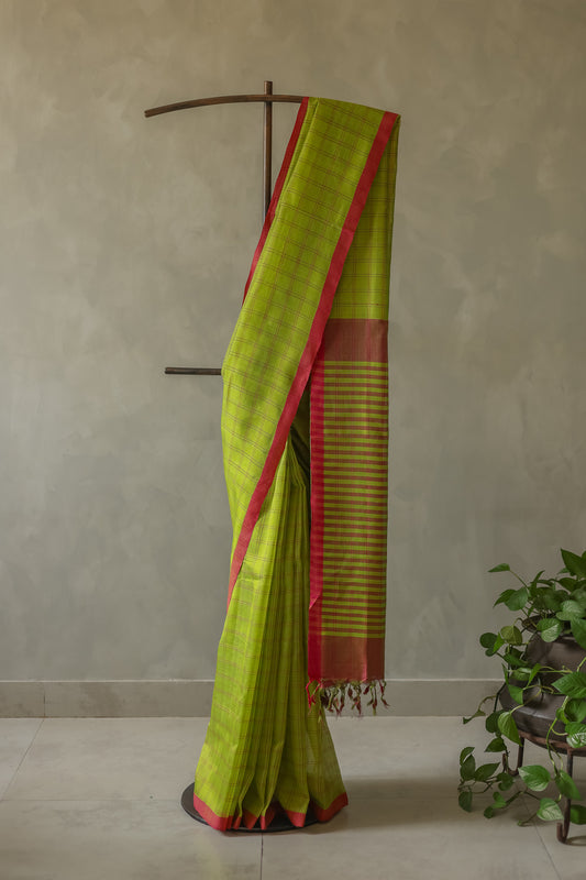 Green and Red Silk Cotton All Over Checks Saree