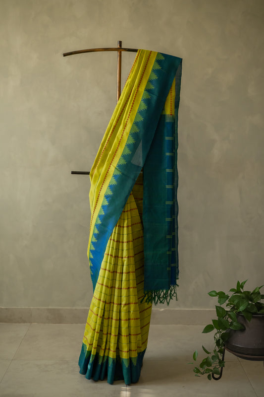 Lime Green Silk Cotton Saree with Rudraksham Motif and Big Blue Border