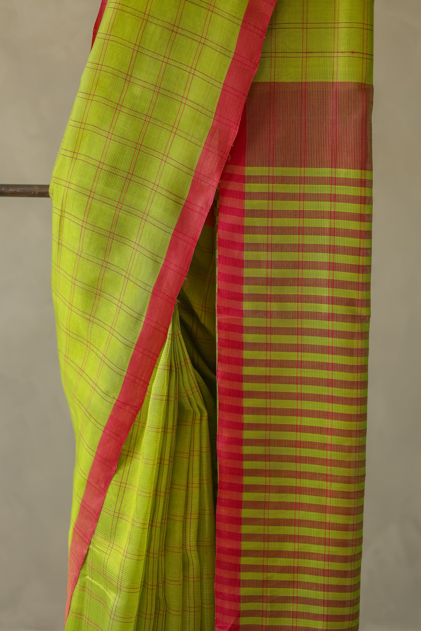 Green and Red Silk Cotton All Over Checks Saree
