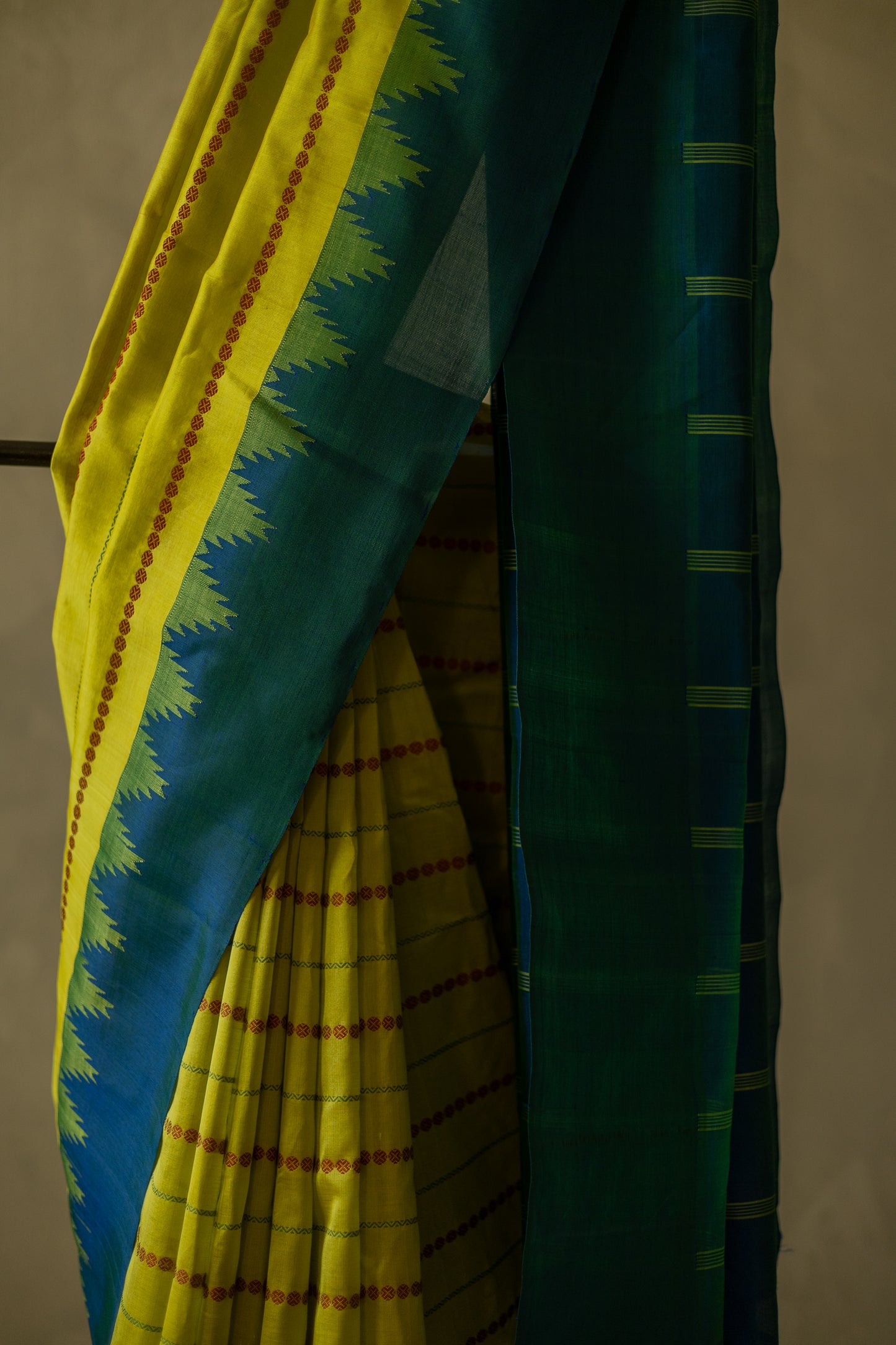 Lime Green Silk Cotton Saree with Rudraksham Motif and Big Blue Border