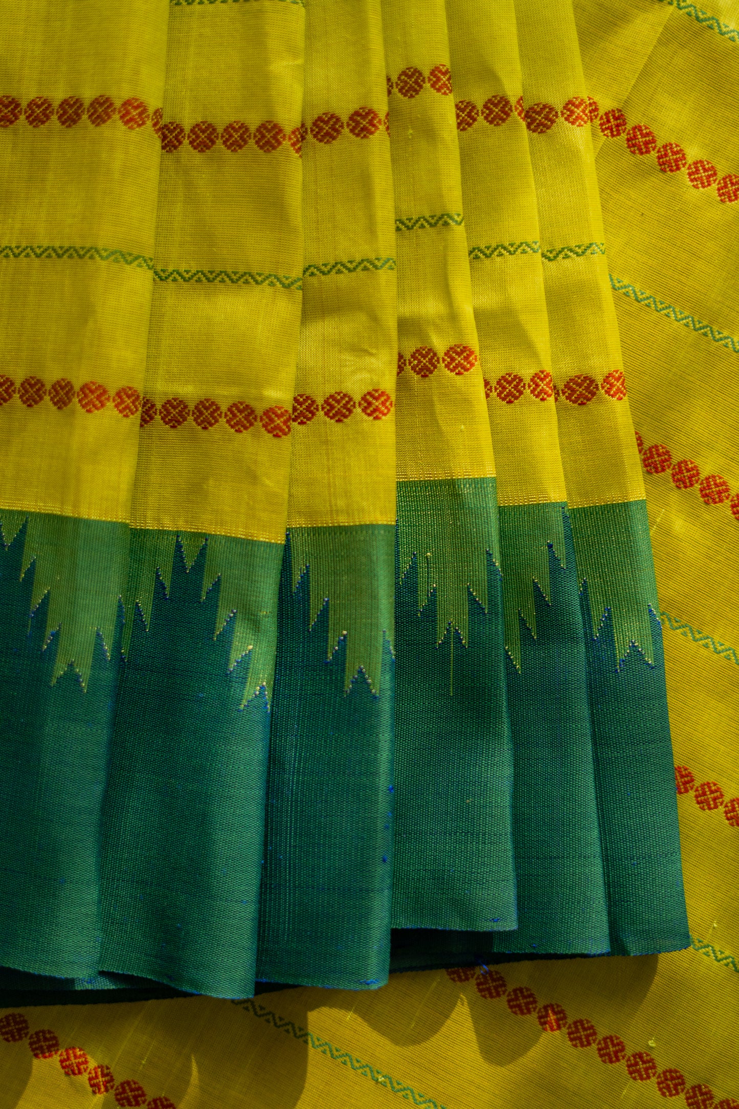 Lime Green Silk Cotton Saree with Rudraksham Motif and Big Blue Border
