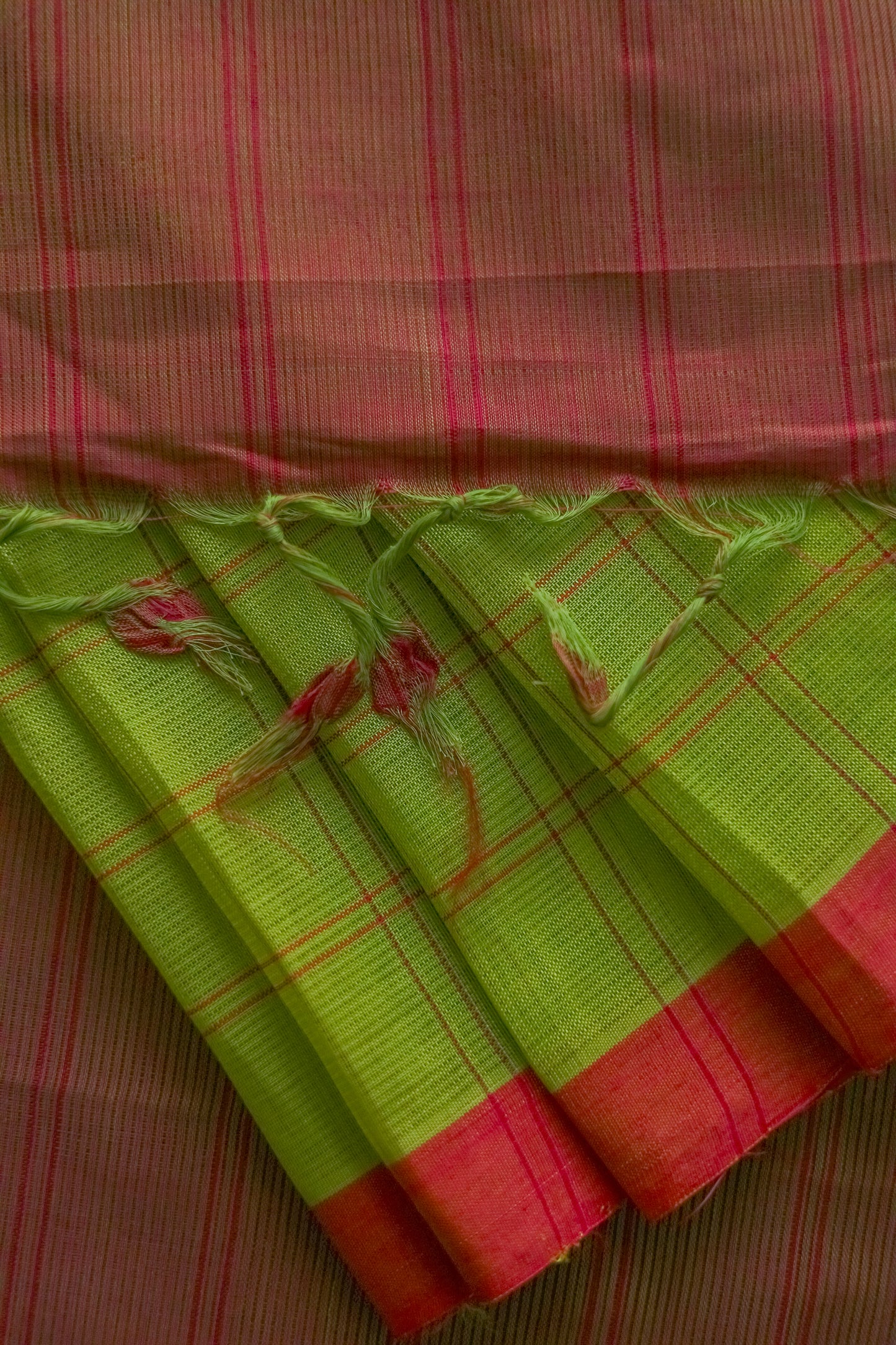 Green and Red Silk Cotton All Over Checks Saree