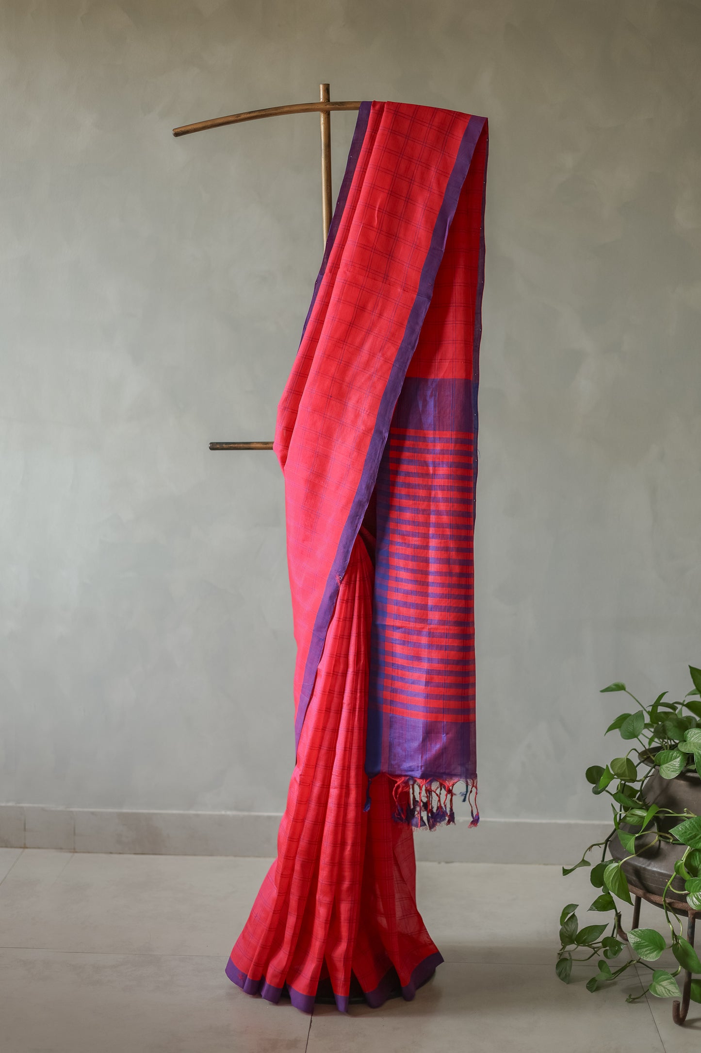 Red and Violet Silk Cotton All Over Checks Saree