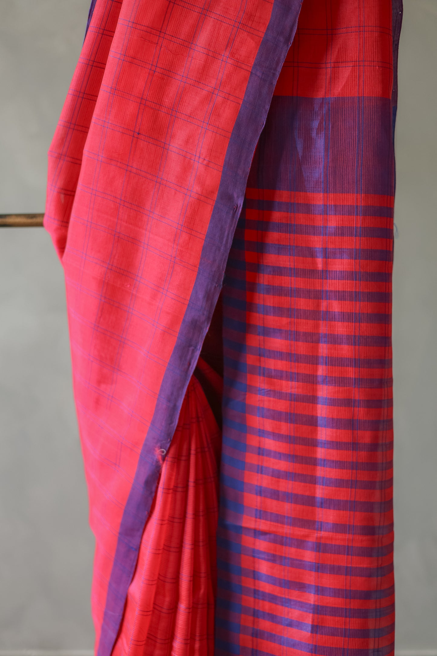 Red and Violet Silk Cotton All Over Checks Saree