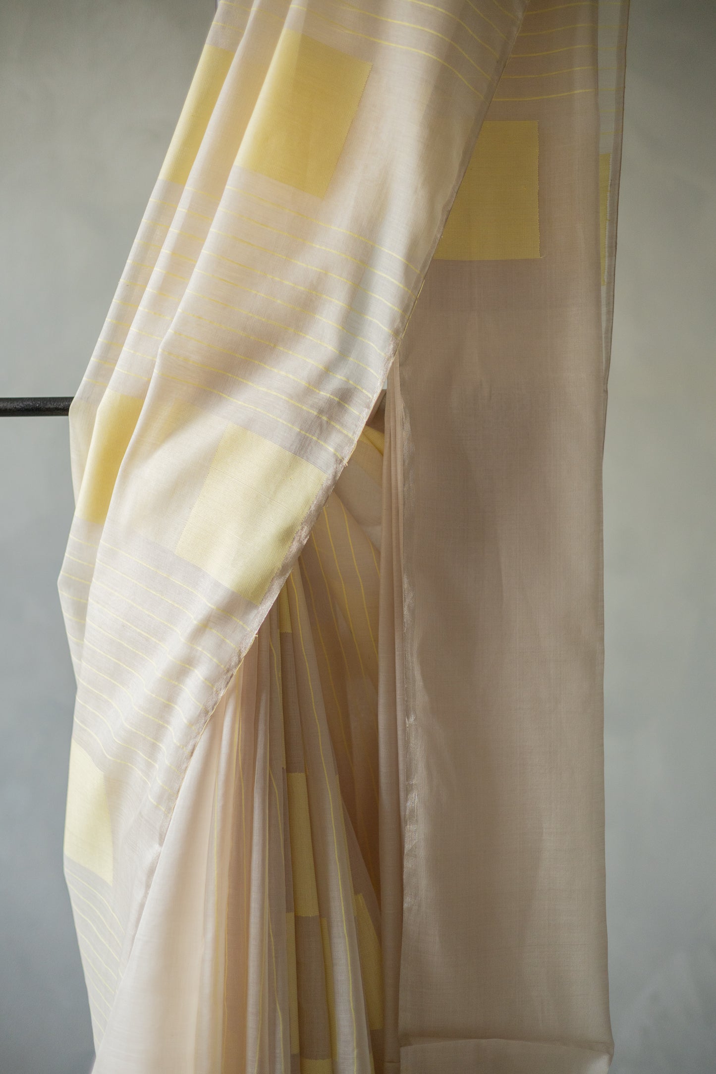 Off White Silk Cotton with Yellow Stripes and Woven Square Motifs Saree
