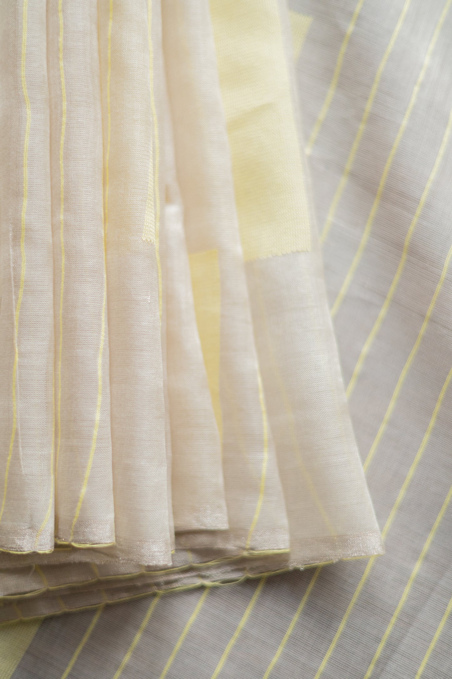 Off White Silk Cotton with Yellow Stripes and Woven Square Motifs Saree
