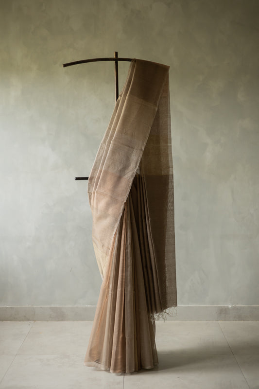 Light Brown All Over Stripes Silk Cotton Saree