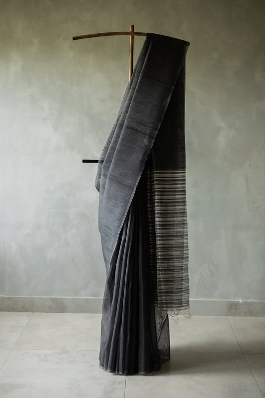 Black Linen Silk Cotton with Silver Stripes Pallu Saree