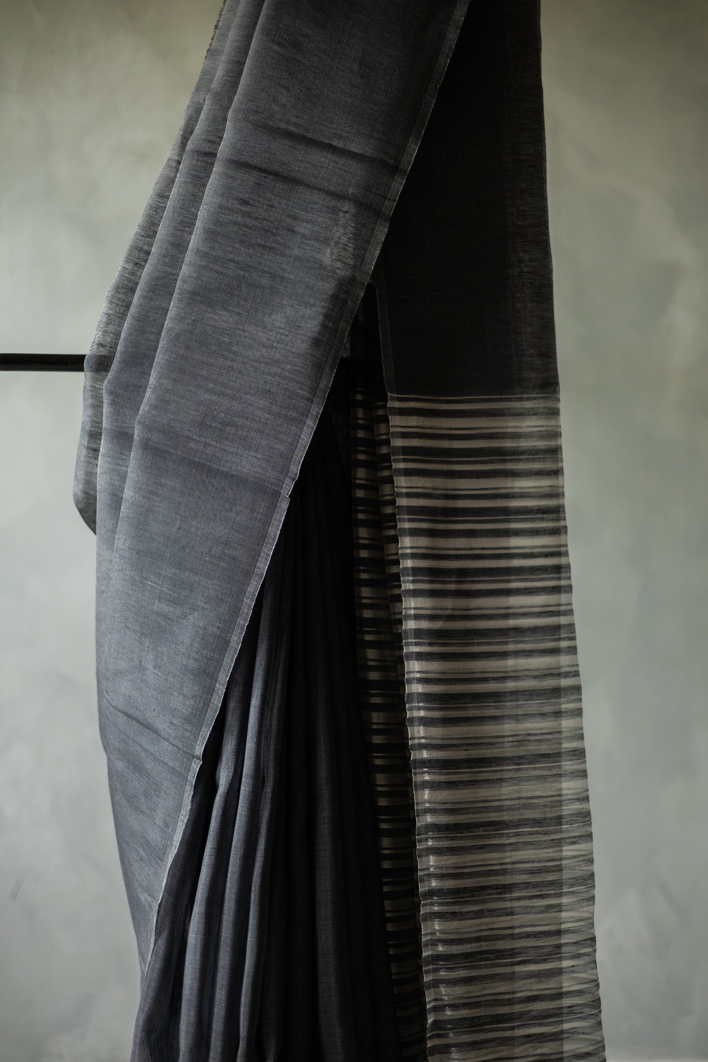 Black Linen Silk Cotton with Silver Stripes Pallu Saree