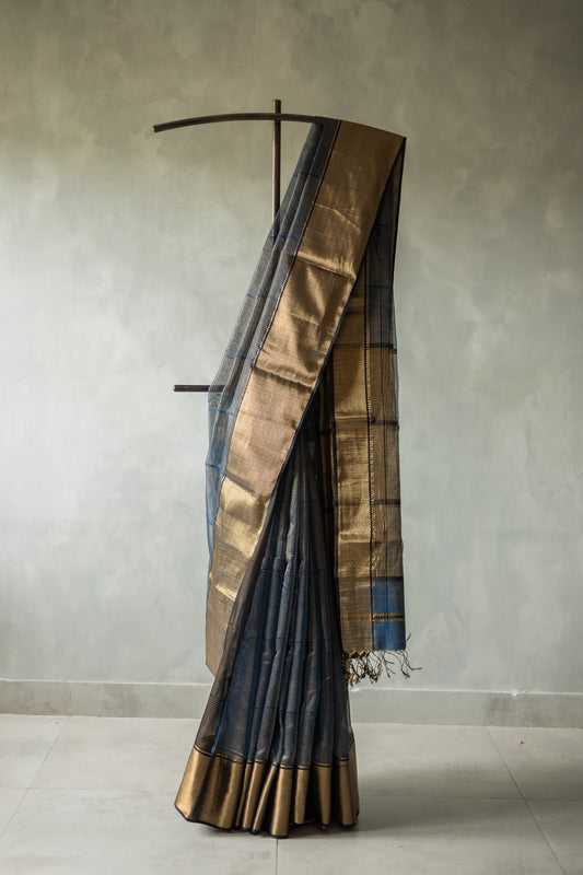 Blue All Over Checks with Big Gold Border Silk Cotton Saree