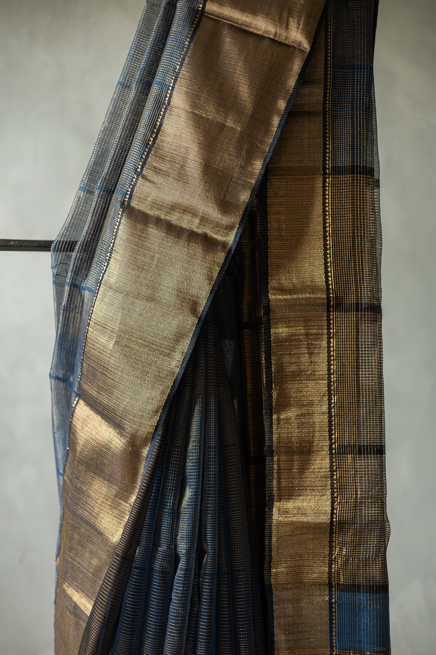 Blue All Over Checks with Big Gold Border Silk Cotton Saree