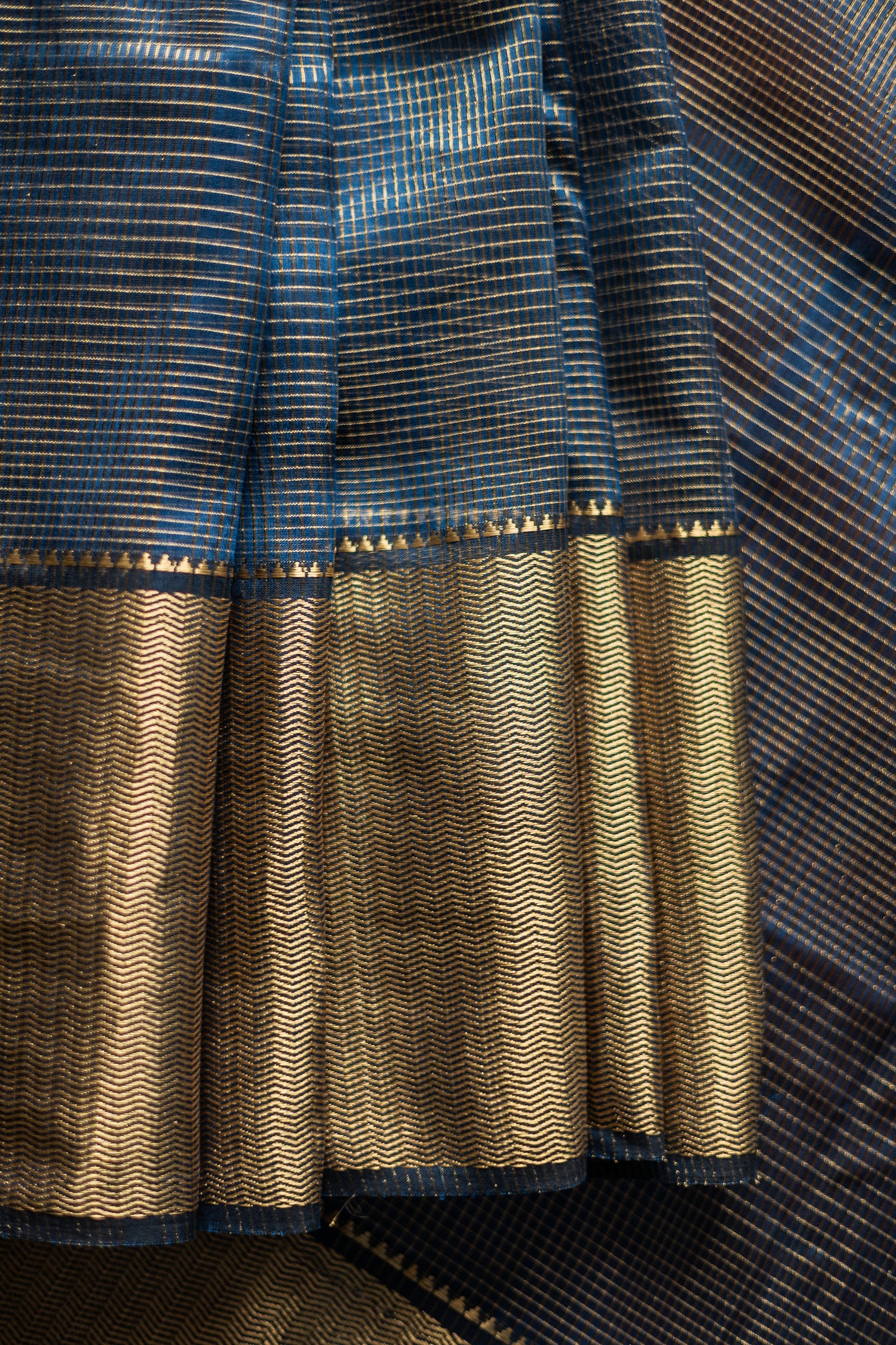 Blue All Over Checks with Big Gold Border Silk Cotton Saree