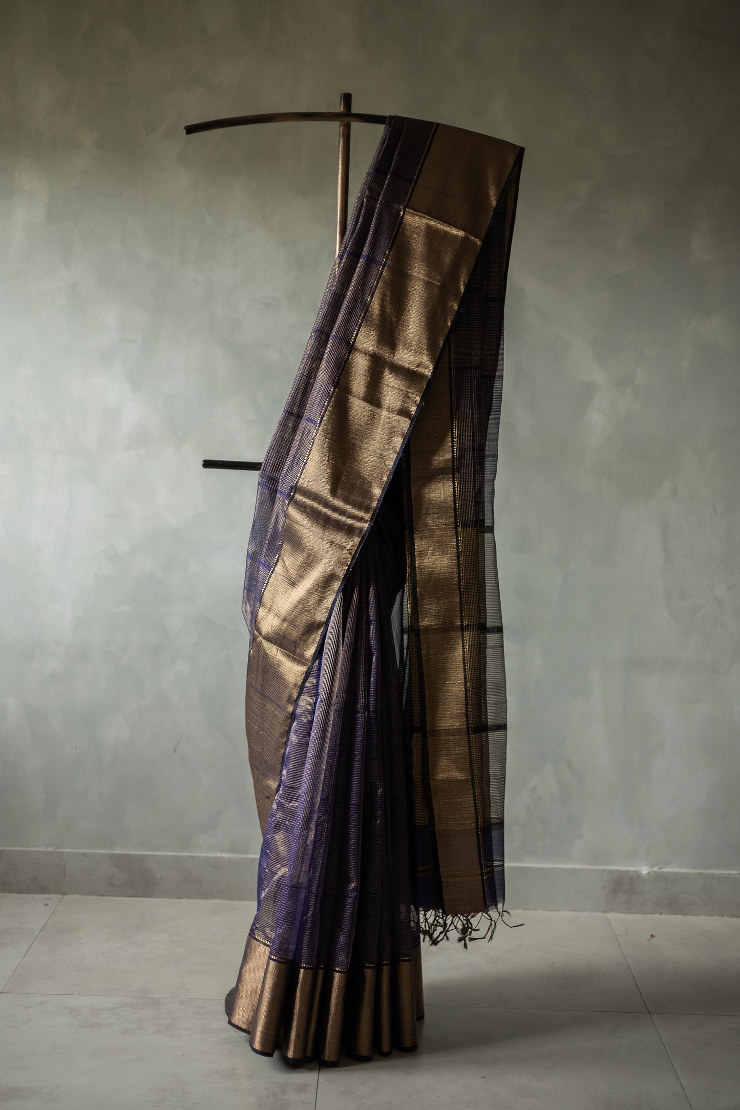 Violet All Over Checks with Big Gold Border Silk Cotton Saree