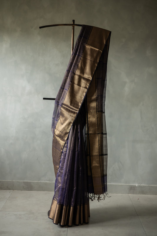 Violet All Over Checks with Big Gold Border Silk Cotton Saree