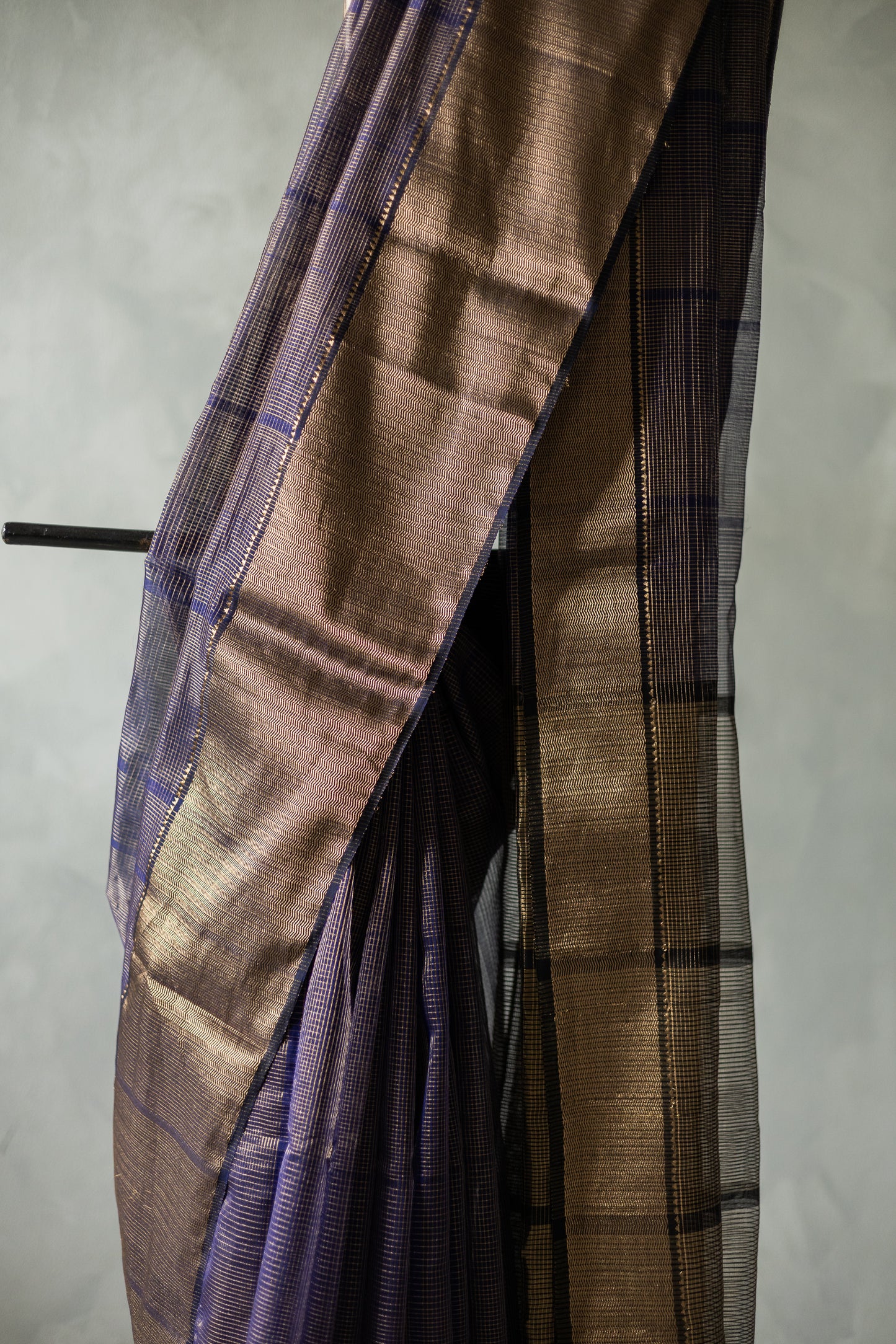 Violet All Over Checks with Big Gold Border Silk Cotton Saree
