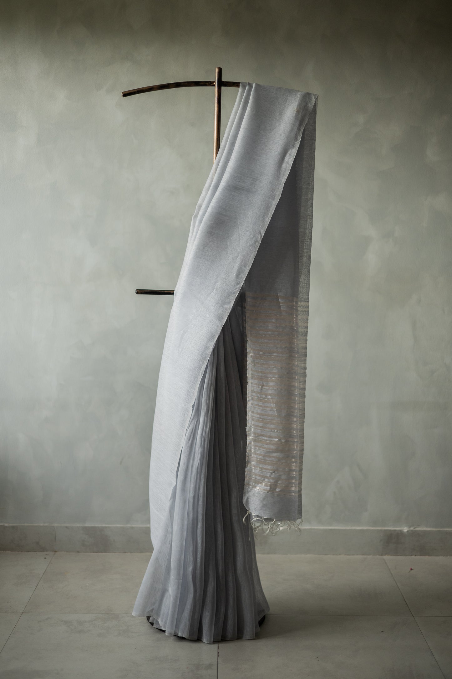 Light Blue Linen Silk Cotton with Silver Stripes Pallu Saree