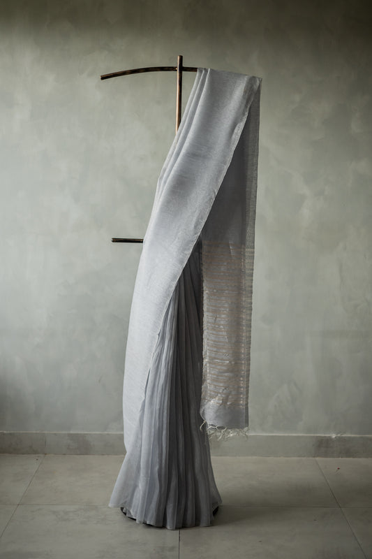 Light Blue Linen Silk Cotton with Silver Stripes Pallu Saree