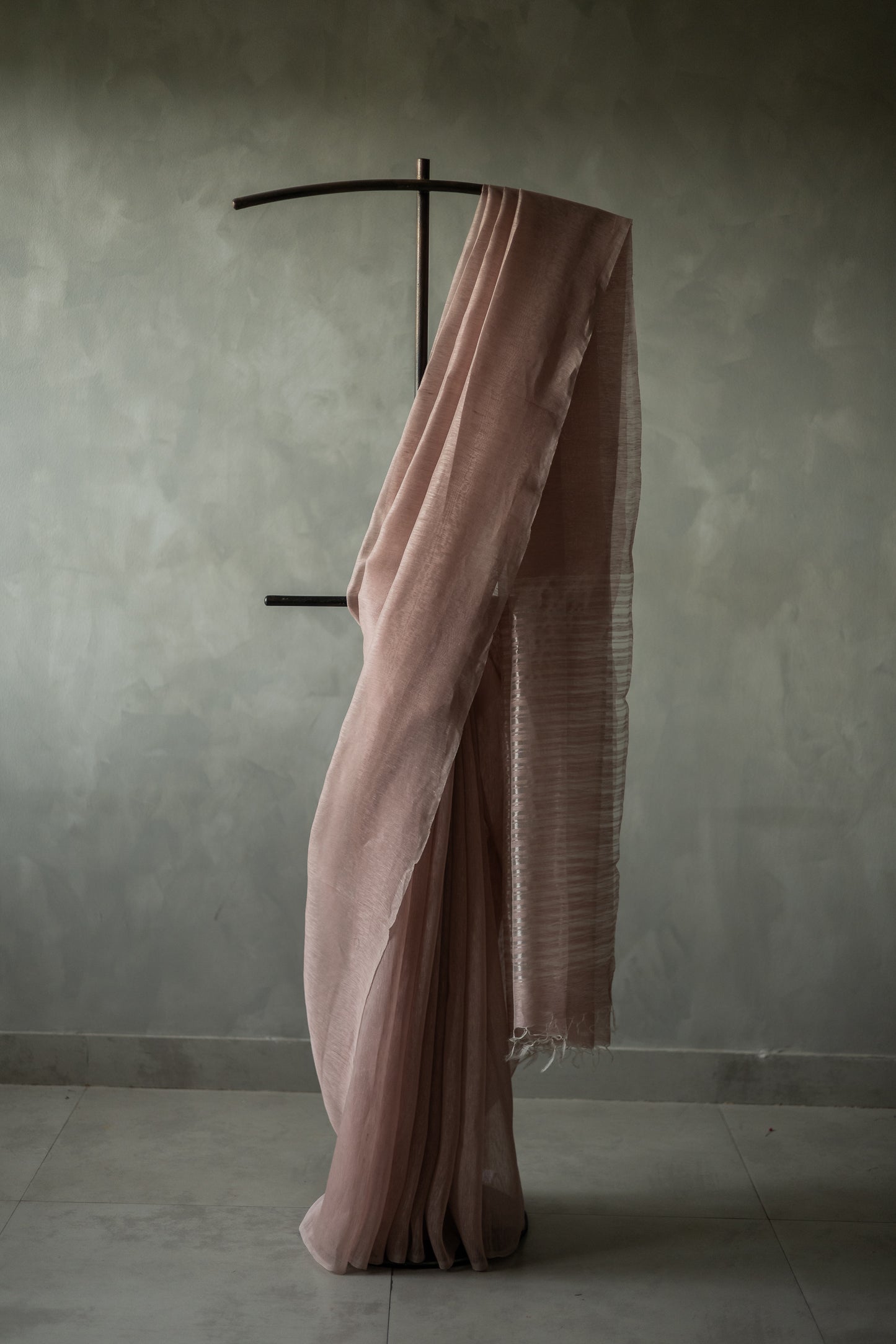 Light Pink Linen Silk Cotton with Silver Stripes Pallu Saree