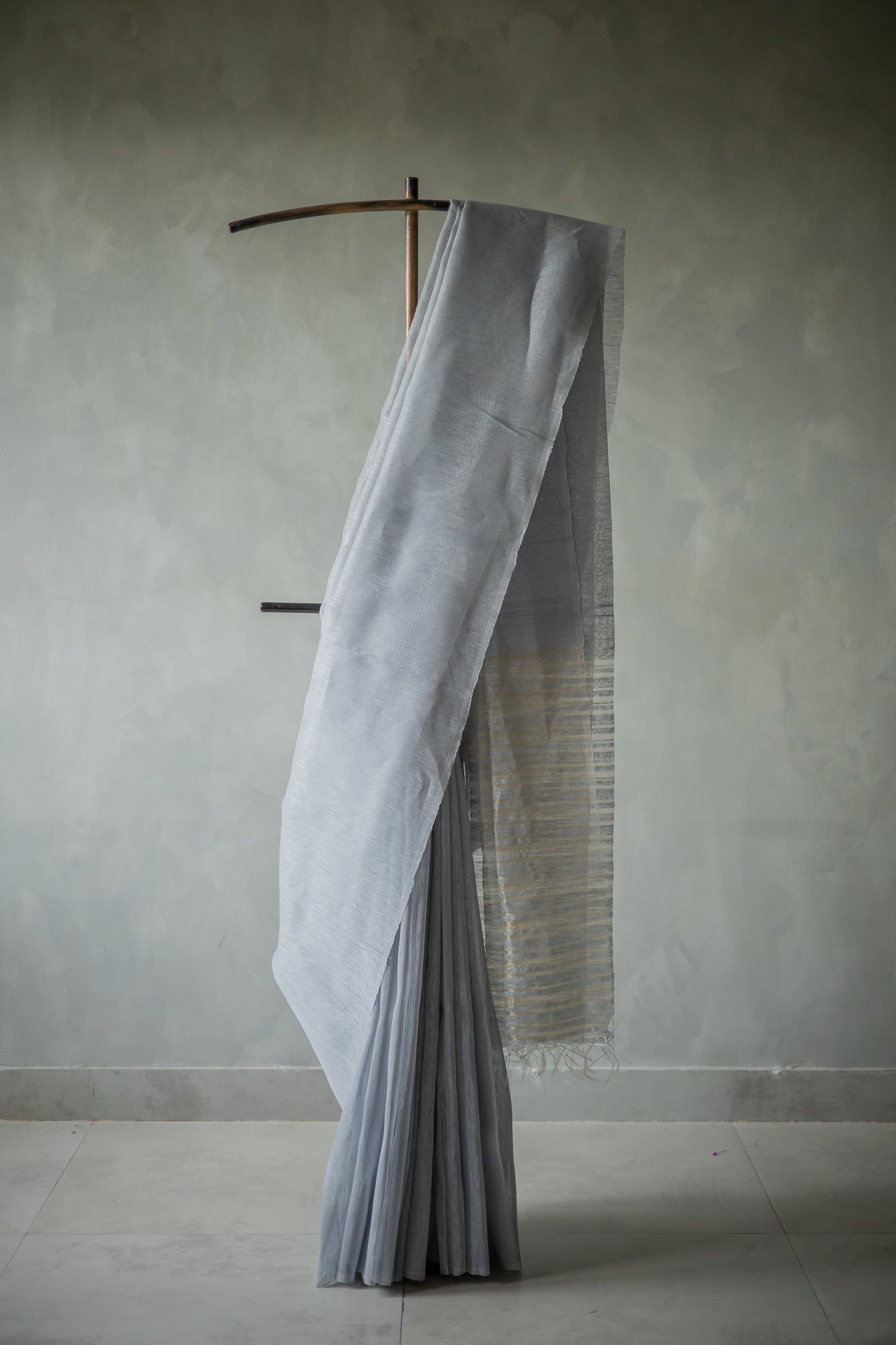 Blue Linen Silk Cotton with Gold Stripes Pallu Saree