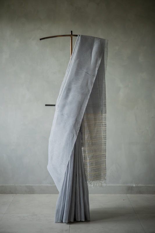 Blue Linen Silk Cotton with Gold Stripes Pallu Saree