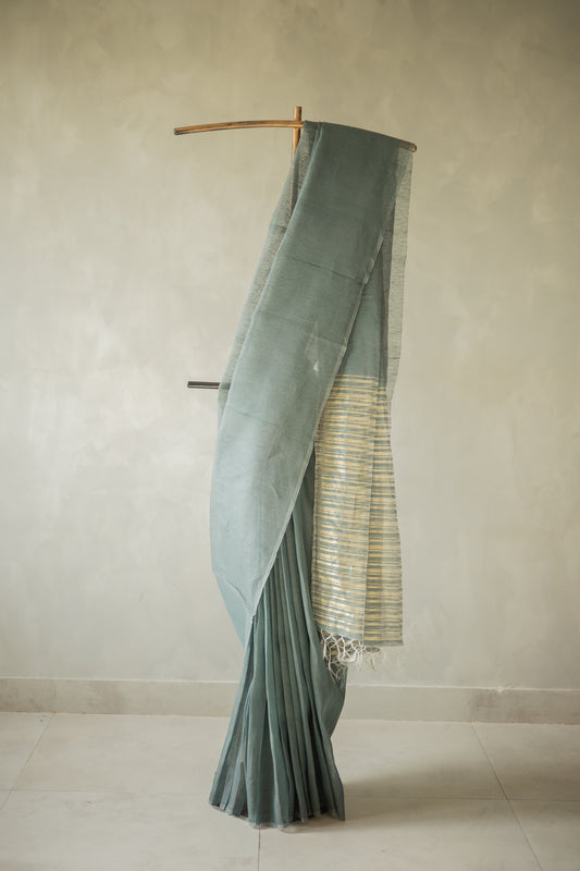 Green Linen Silk Cotton with Gold Stripes Pallu Saree