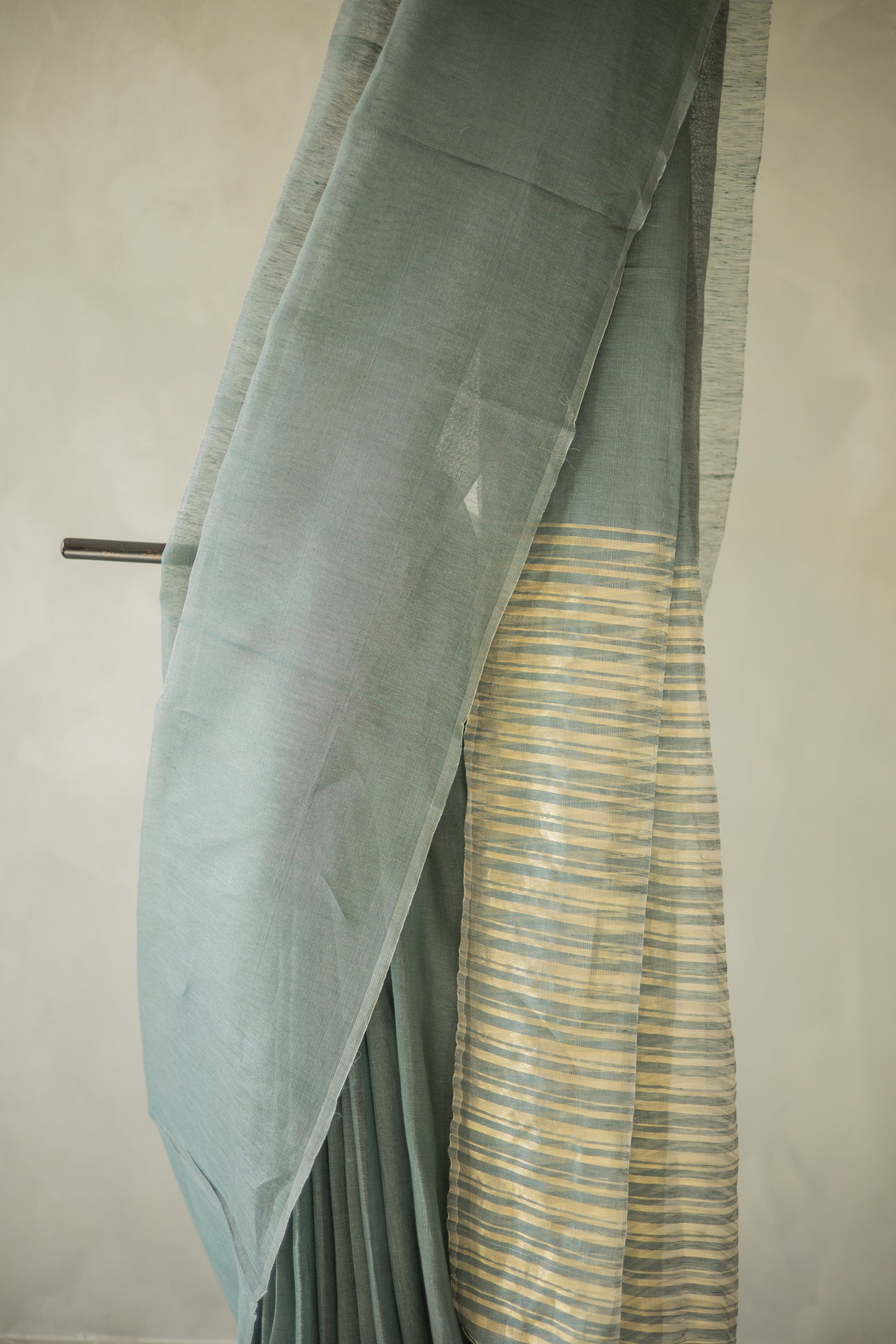 Green Linen Silk Cotton with Gold Stripes Pallu Saree