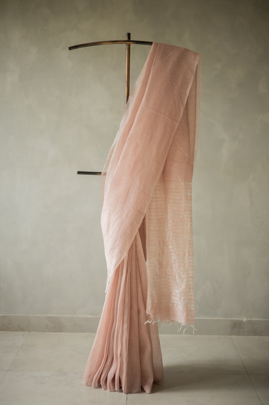 Pink Linen Silk Cotton with Silver Stripes Pallu Saree