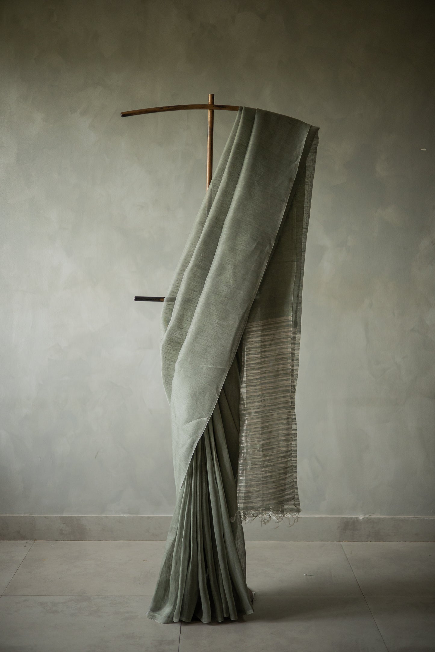 Green Linen Silk Cotton with Silver Stripes Pallu Saree