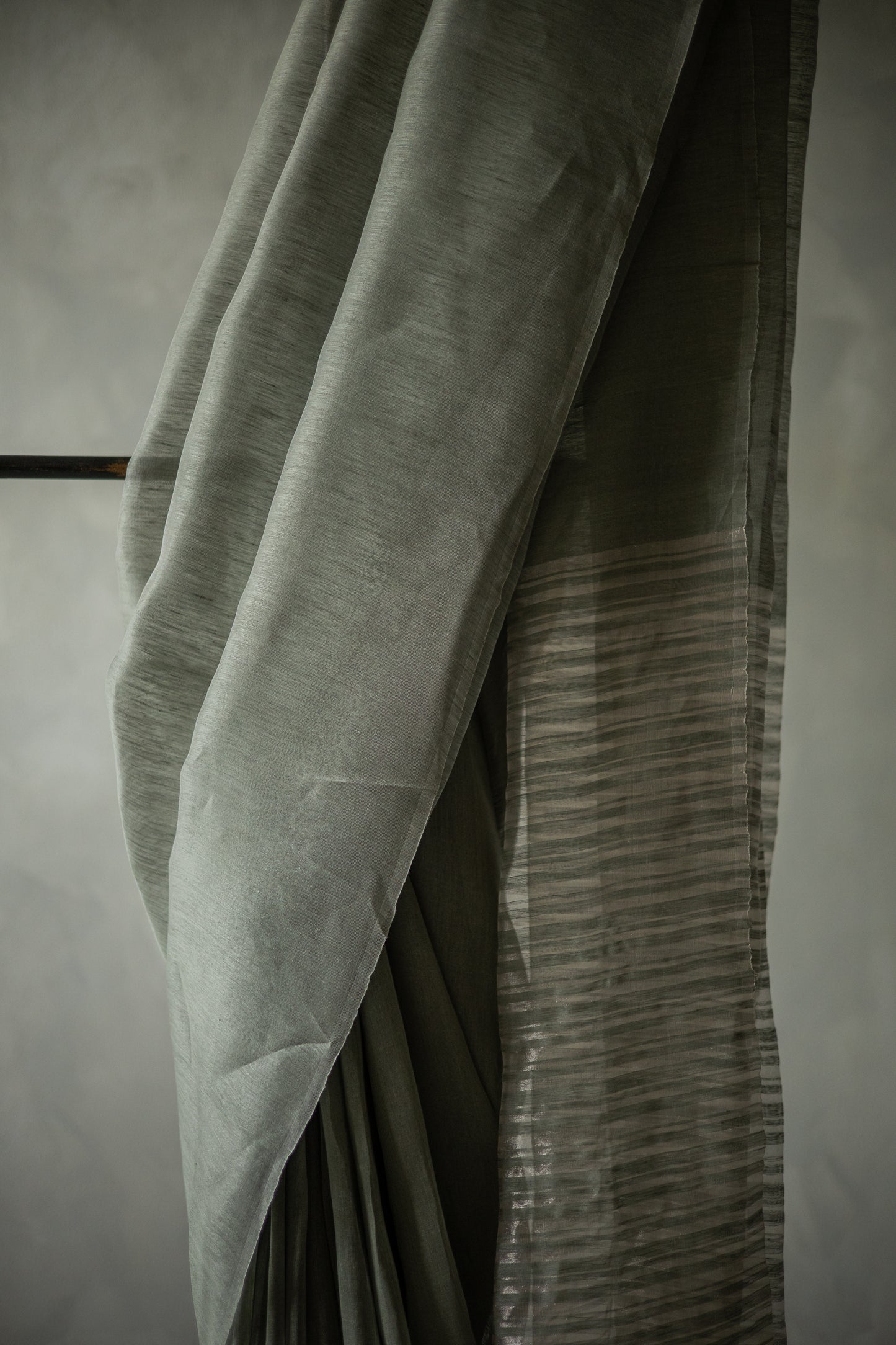 Green Linen Silk Cotton with Silver Stripes Pallu Saree