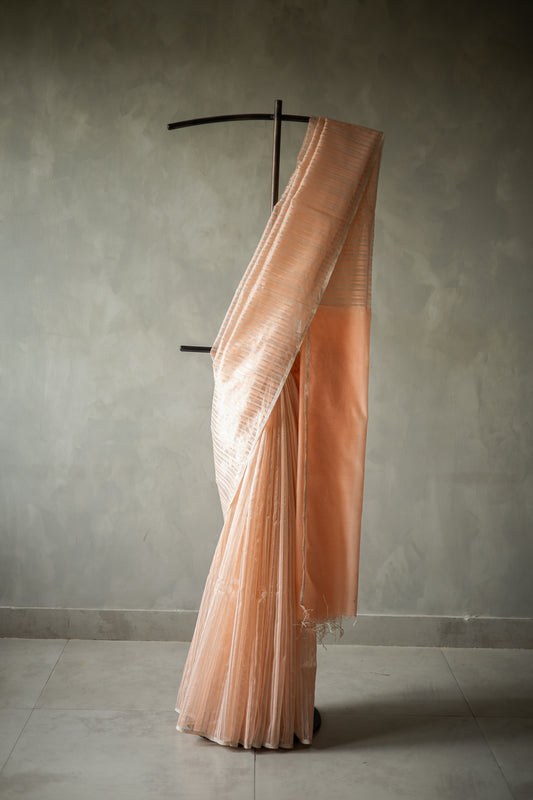 Peach All Over Silver Stripes Mercerised Silk Cotton Saree
