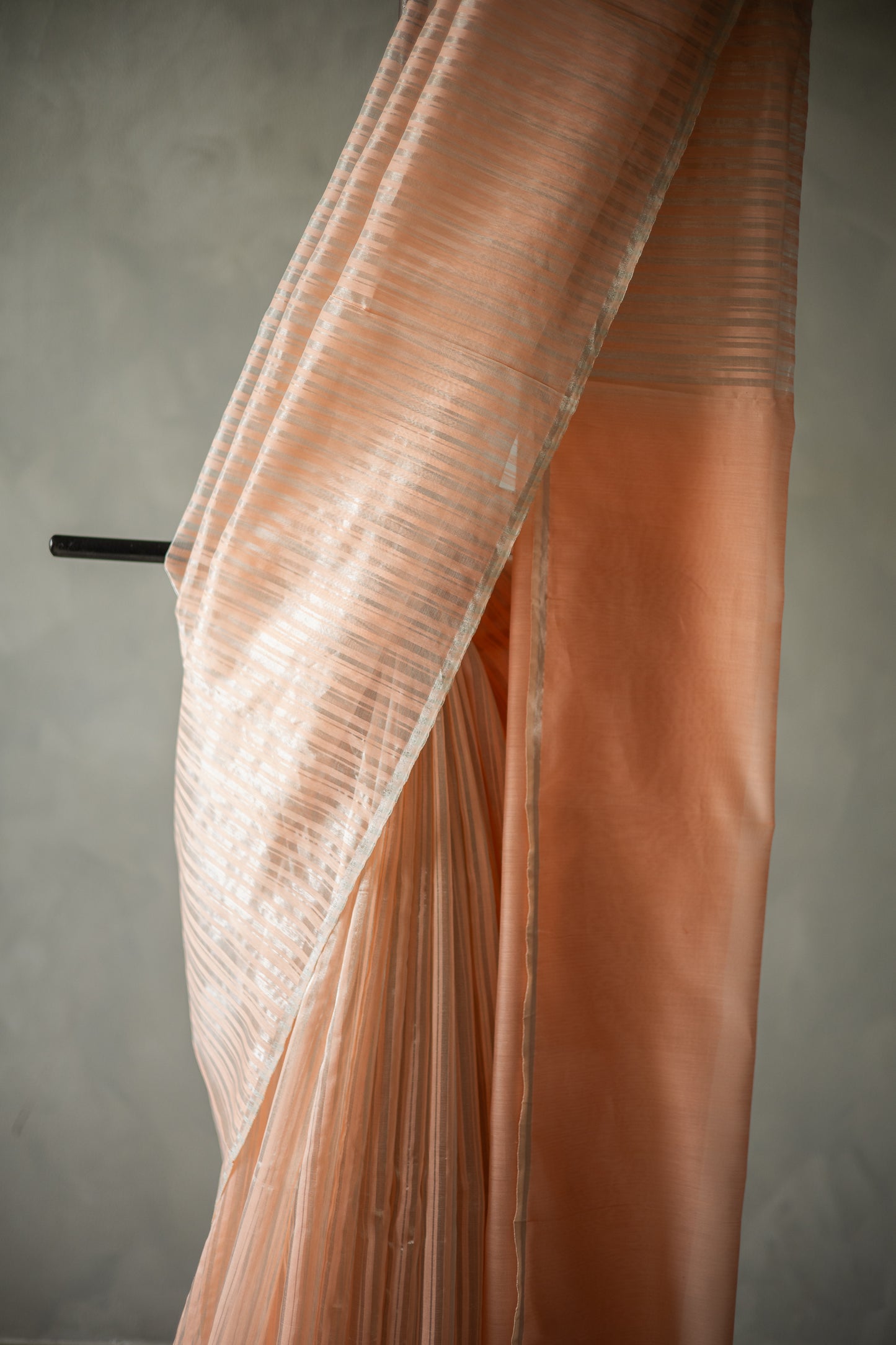 Peach All Over Silver Stripes Mercerised Silk Cotton Saree