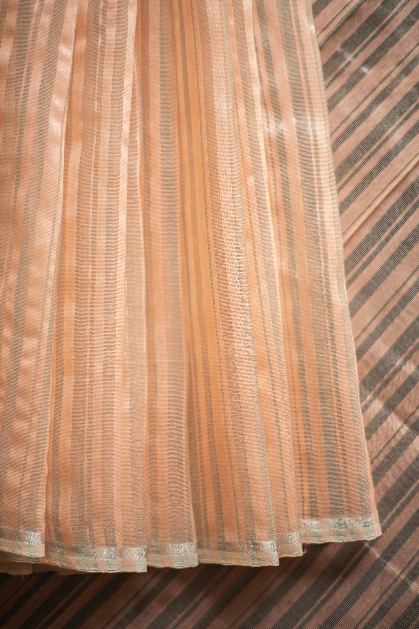 Peach All Over Silver Stripes Mercerised Silk Cotton Saree