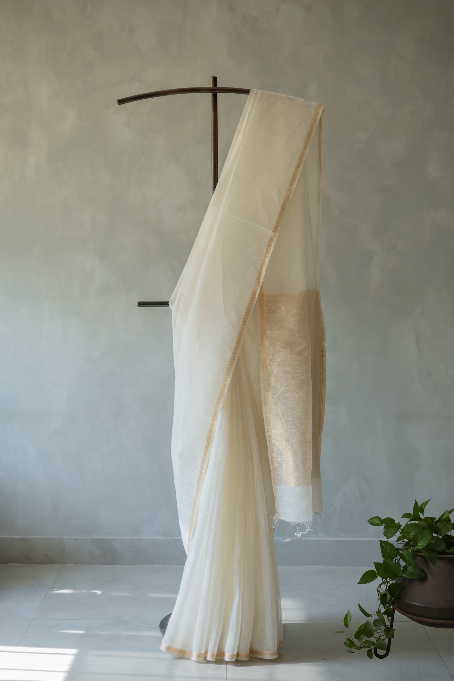 White Silk Linen with Small Gold Border Saree